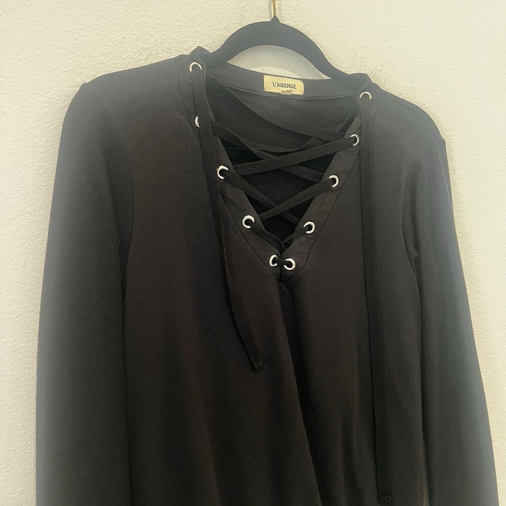 L’AGENCE Top Josilyn Lace Up Terry Sweatshirt Black Size S Casual Office Chic - Picture 4 of 8